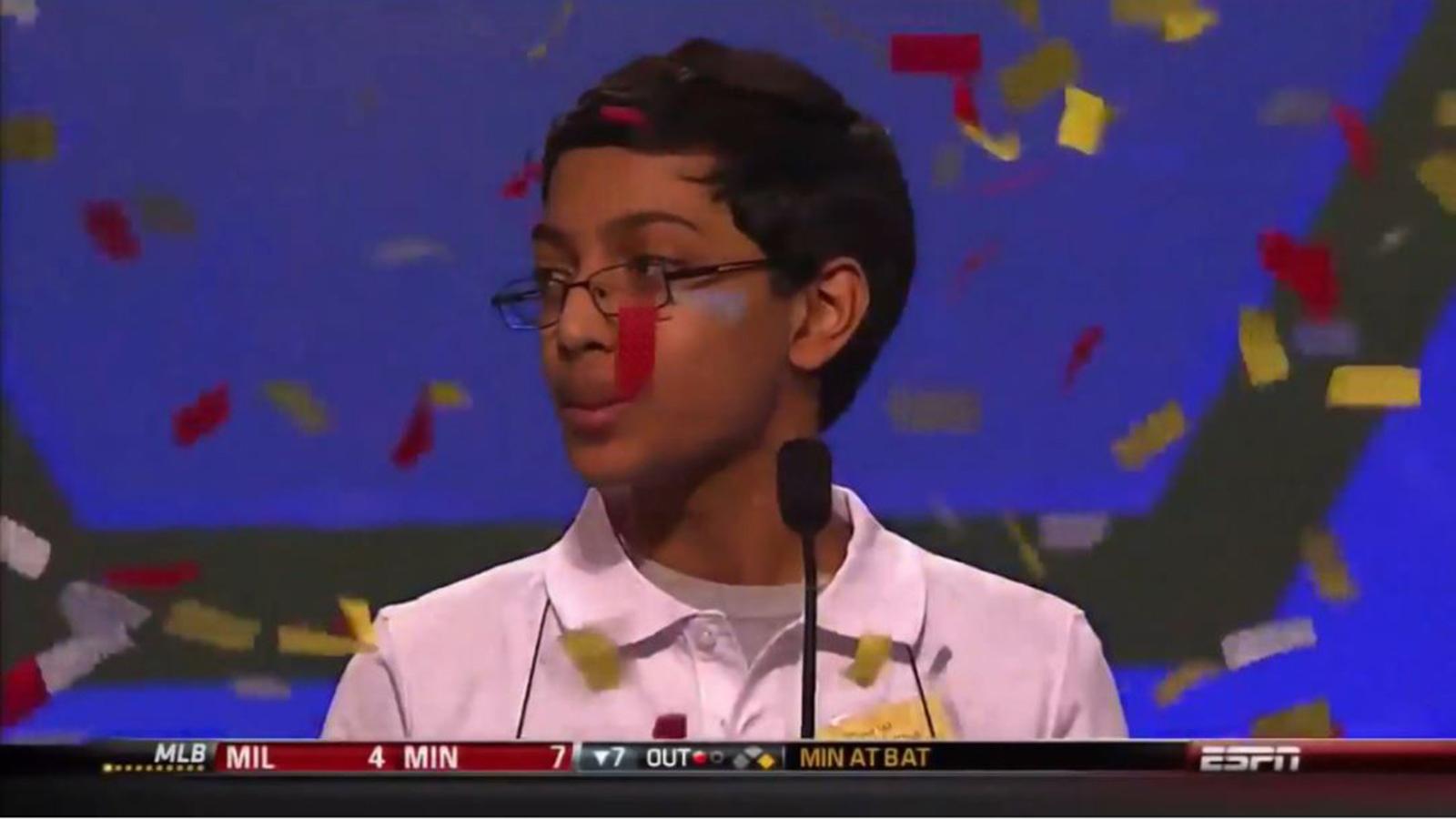 Spelling Bee contestant with confetti
