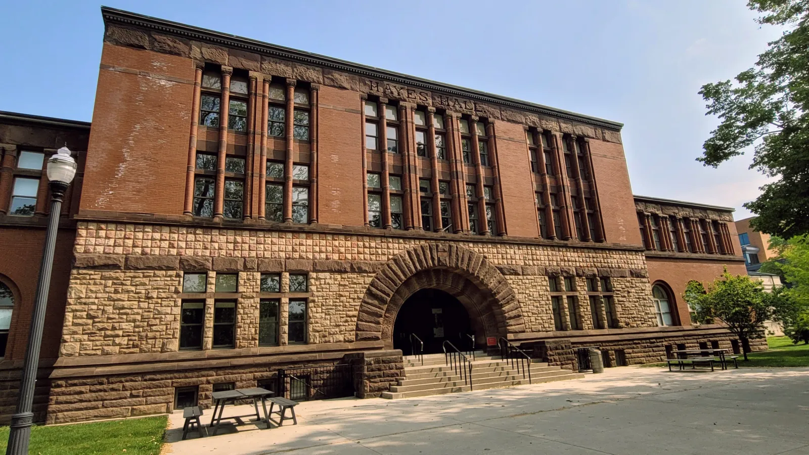 View of the red brick Front Facade of Hayes Hall