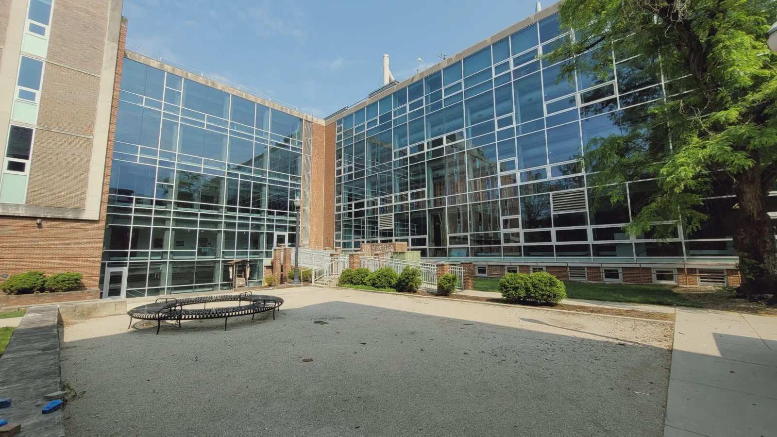 A view of Hopkins Hall from the gravel courtyard
