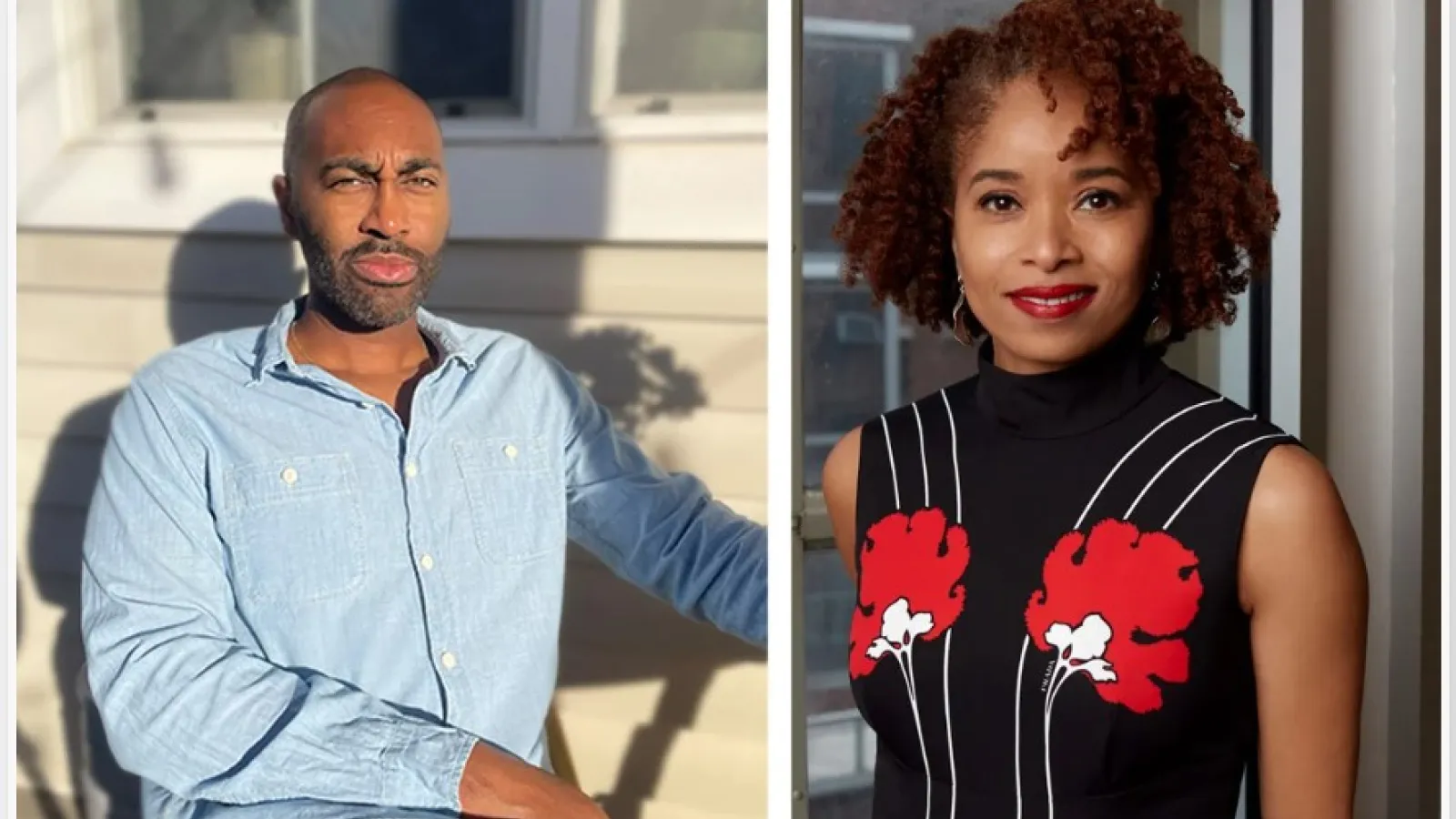 A side-by-side composite photo features two individuals side-by-side. On the left, a Black man with a shaved head and a light blue denim shirt sits outdoors in bright sunlight. On the right, a Black woman with coily auburn hair and red lipstick wears a sleeveless black dress with large red and white floral graphics.
