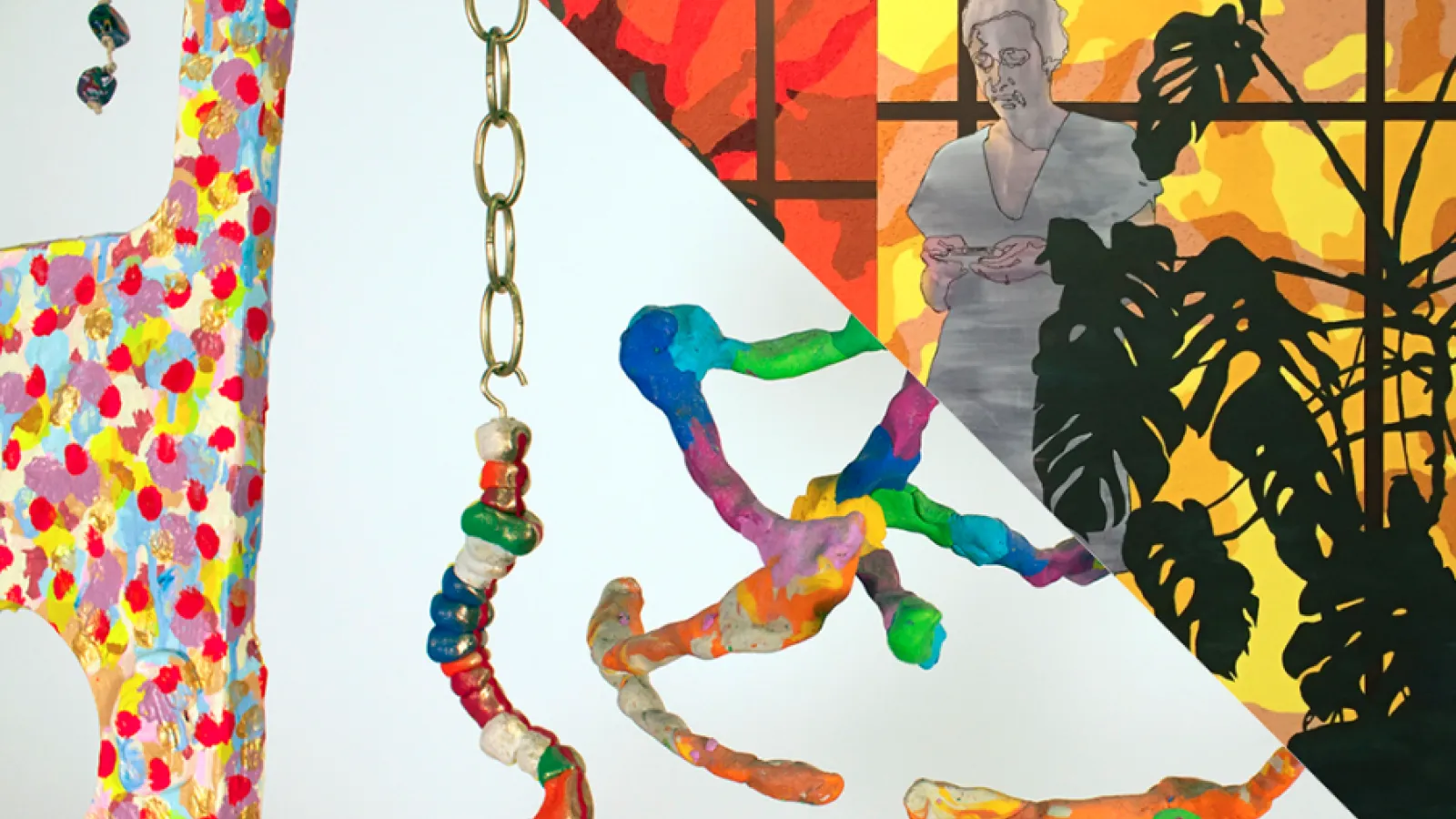 multicolored shapes on chains in the foreground, the image is cut diagaonally in half by a white background, a silhouette of a person and a plant with windows  