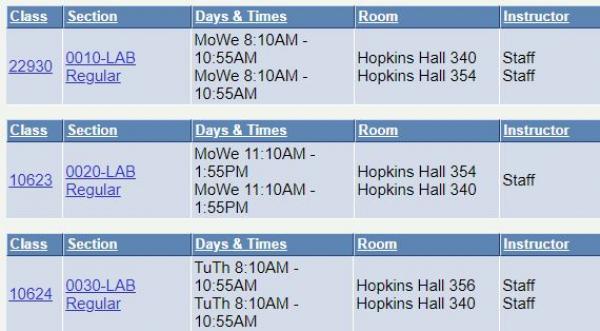 course schedule details