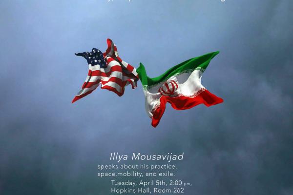 American flag and Iranian flags floating on blue sky background