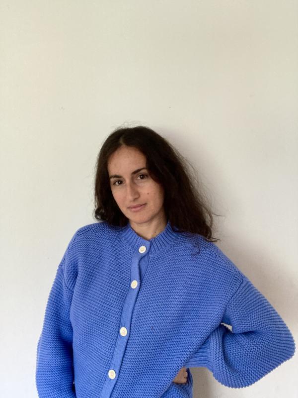 Carmen Winant in blue sweater