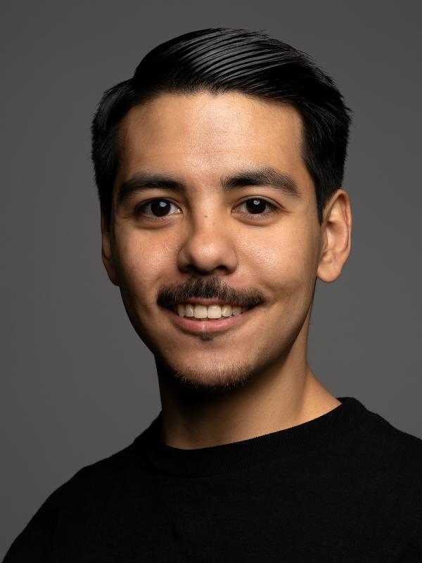 A smiling person with dark hair, moustache and dark eyes